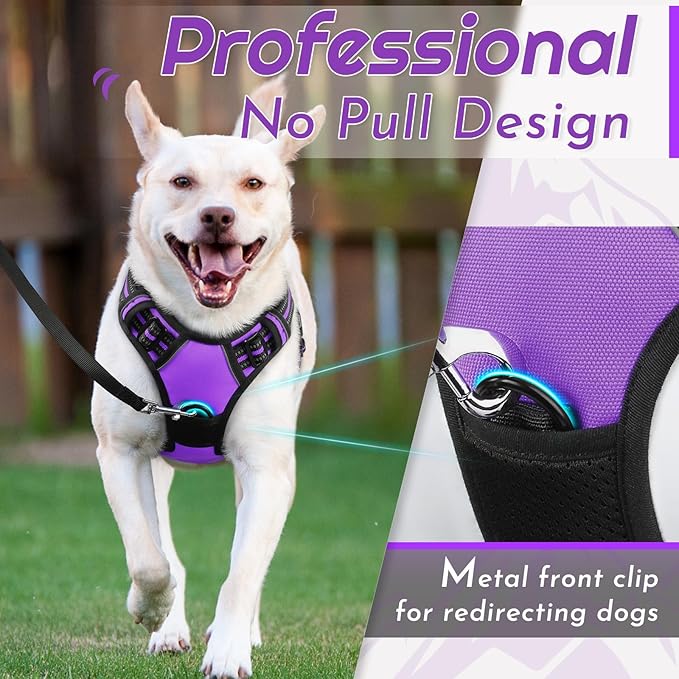 Eagloo Dog Harness Medium Sized Dog, No Pull Service Vest with Reflective Strips and Control Handle, Adjustable and Comfortable for Walking, No Choke Pet Harness with 2 Metal Rings, Purple, M