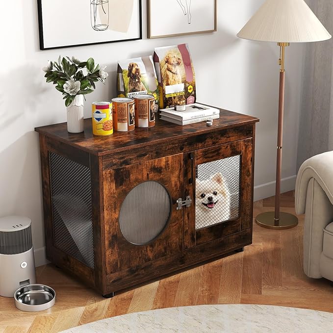 Tangkula Dog Cage Furniture, Chew-Proof Wooden Dog Crate with Metal Mesh Side Wall, Lockable Door, Translucent Window, Industrial Pet Kennel Indoor Furniture for Small & Medium Dogs (Rustic Brown)
