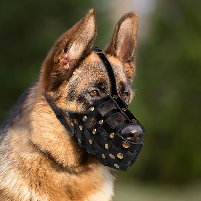 OOPSDOGGY Leather Dog Muzzle for German Shepherd, Leather Breathable Secure Basket Muzzle, Prevents Biting No Chewing Adjustable (Black, Size 7 - German Shepherd (Medium))