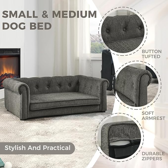 Dog Couch for Medium Dogs Up to 50 lbs, 29" W Memory Foam Dog Sofa Couch with Dry Cleanable Fabric, Elevated Dog Couch Bed with Legs, 39" Outer Edge Length, Furniture for Small and Medium Dogs - Grey