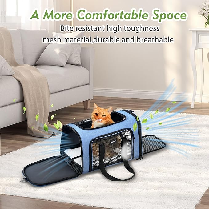 Soundy Large Cat Carrier Dog Carrier Under 25 Lbs,Collapsible Ventilated Portable Pet Bag with Soft Sided Breathable Mesh for Long Car Trips Maxi Load 2 Kittens or Small, Medium Dog (Large Blue)