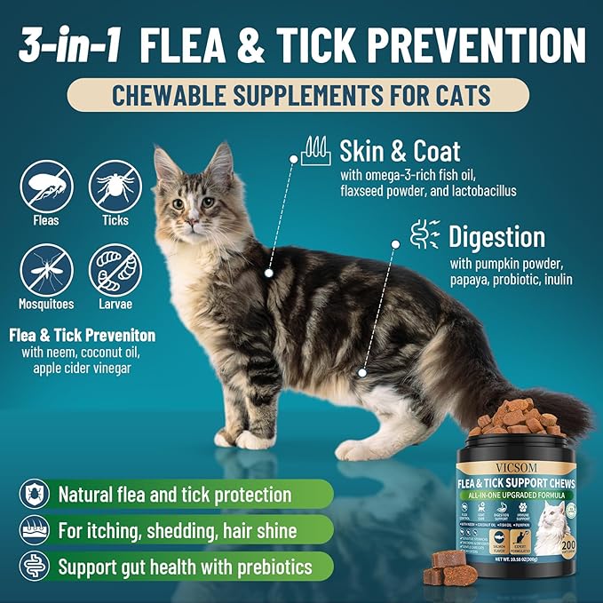 Flea and Tick Prevention for Cats Chewable, 200 Treats Natural Cat Flea Treatment, Skin & Digestive Support Oral Supplement Chew Flea and Tick Treatment for Cat Kitten All Breeds & Ages, Salmon Flavor