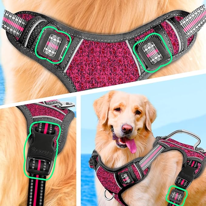 BARKBAY No Pull Dog Harness Large Reflective Dog Harness with Front Clip and Easy Control Handle for Walking Training Running with ID tag Pocket(Pink/Black,L)