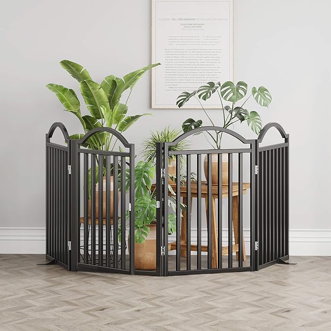 UDD Dog Gate Indoor 96" Extra Wide, 32" Tall Foldable Pet Gate with Door for Stairs Doorways Hallways Porch, Freestanding No Drilling Metal Pet Fence for Dogs Puppy, Black 4-Panel