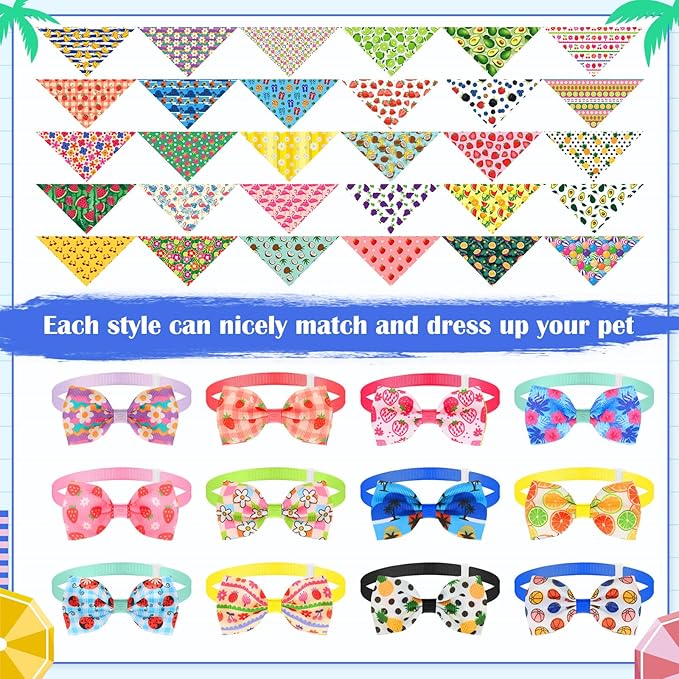 108 Pcs Summer Bulks Dog Bandanas Fruit Flower Adjustable Bow Ties for Dogs Cute Bowknot Christmas Triangle Scarf Kerchief for Large Small Medium Pet Cat Grooming Outfit