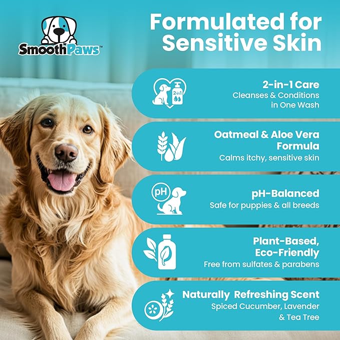 2-in-1 Natural Dog Shampoo & Conditioner – pH-Balanced for Dogs & Puppies | Gentle Oatmeal & Aloe Vera Formula for Sensitive Skin | Spiced Cucumber, Lavender & Tea Tree Scent | 16.9 oz | Smooth Paws