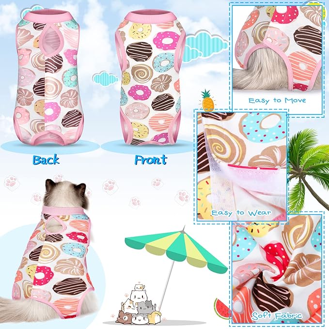 Nuanchu 3 Pieces Cat Recovery Suit Kitten Recovery Suit E-Collar Alternative for Cats and Dogs Abdominal Skin Anti Licking Pajama Clothes Sets(Small,Watermelon Style,Colorful)