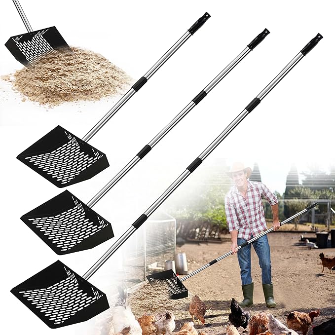 Jusoney Heavy-Duty Chicken Poop Scooper with 4-in-1 Adjustable Handle (35"-61") - Sturdy Stainless Steel and Iron Construction for Large Chicken Coop - Ergonomic Design & Easy Cleaning