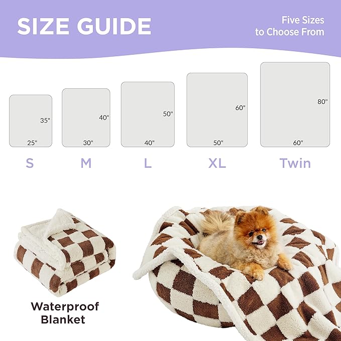 LE SURE Waterproof Dog Blanket for Medium Dogs - Washable Double Sided Dog Blankets with Warm Jacquard Shag and Soft Sherpa Fleece, Pet Cat Blanket for Couch Protection, 3D Textured Checks, Brown