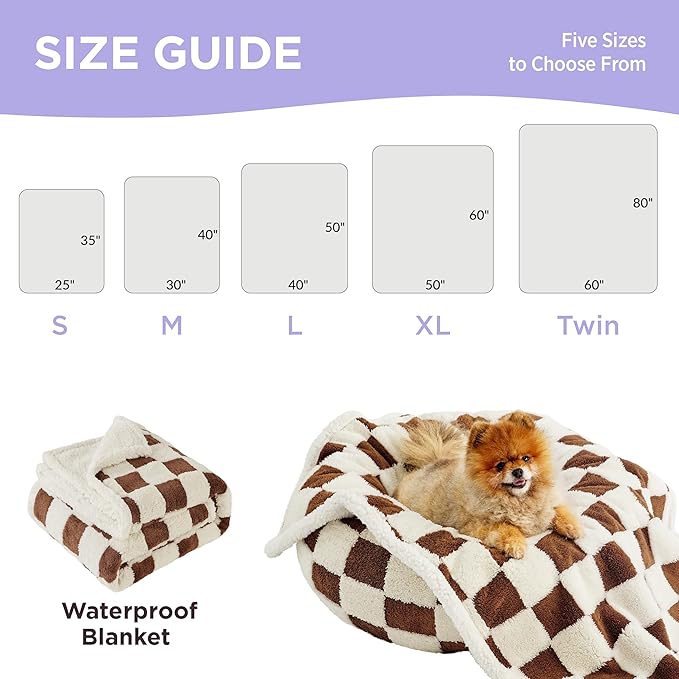 Lesure Waterproof Dog Blanket for Large Dogs - Washable Double Sided Dog Blankets with Warm Jacquard Shag and Soft Sherpa Fleece, Pet Cat Blanket for Couch Protection, 3D Textured Checks, Brown