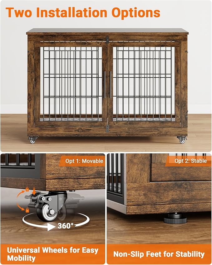 Dog Crate Furniture with Cushion, Wooden Dog Kennel Indoor with Double Doors, Dog Cage with Wheels, Dog House Side End Table for Large Dogs up to 85 lb, 44" L, Rustic Brown
