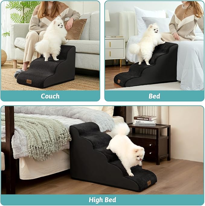 Dog Stairs for Small Dogs 15.7" H, Curved Dog Step for Puppy, Older Cat, Medium Pet Ramp for Sofa, Couch or Chair, Ladder with High Density Foam, 3 Step, 15.7x22.4x15.7 inch, Black