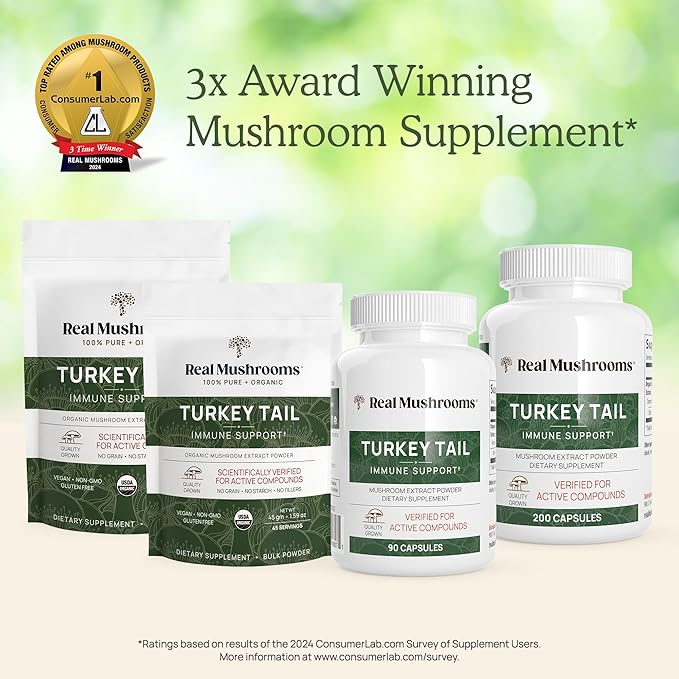 Real Mushrooms Turkey Tail Capsules – Organic Mushroom Extract for Daily Wellness, Gut Harmony, Energy Support – Vegan, Non-GMO, No Fillers – Turkey Tail Extract 200 Count Mushroom Supplement