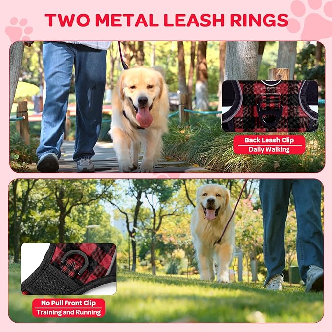 FURRYFECTION Plaid Dog Harness for Large Dogs | No Pull Reflective Pet Harness | No Choke Adjustable Dog Vest Harnesses | with Leash | Easy Control Handle | Front Lead | Seat Belt | Red&Black | XL