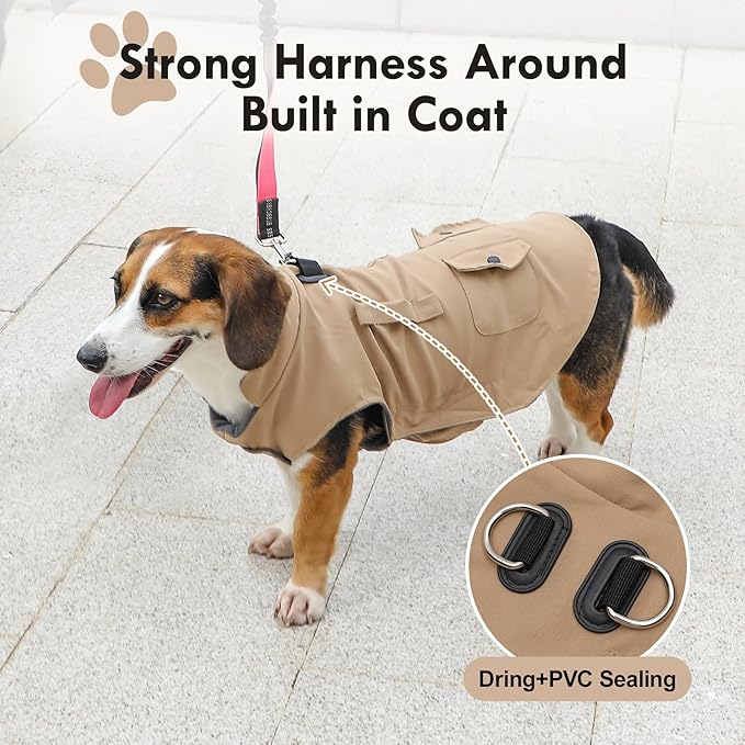 Workwear Style Dog Coats with Harness Built in for Small Dogs Windproof Warm Puppy Jacket with Storage Pockets for Cold Winter,LightBeige XL