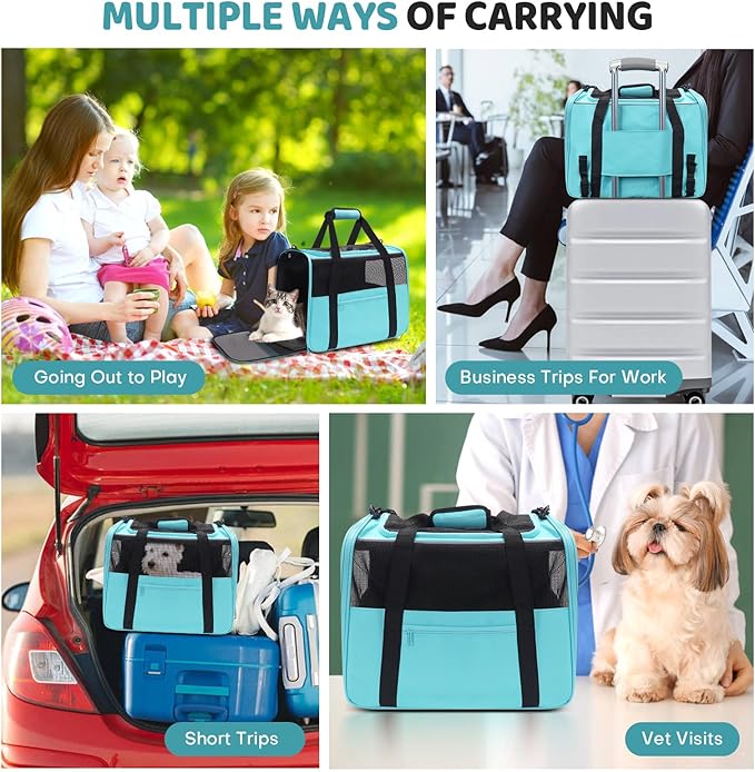JUNGYOUN Premium Cat Carrier - Pet Carrier for Cat & Small Dogs up to 15lbs - Airline Approved Travel Dog Carrier with Anti-Escape Zippers, Collapsible Travel Bowl & Padded Strap,Blue
