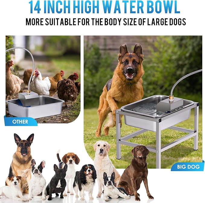 3Gal Automatic Dog Water Bowl Dispenser for Large Dogs Outdoor Elevated Dog Water Bowl with Stand, Stainless Steel Pet Waterer with Float Valve for Large Breed Goat Livestock