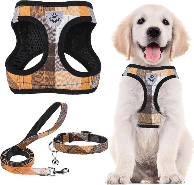 PUPTECK Adjustable Dog Harness Collar and Leash Set Step in No Pull Pet Harness for Small Medium Dogs Puppy and Cats Outdoor Walking Running, Soft Mesh Padded Reflective Vest Harnesses, Orange L