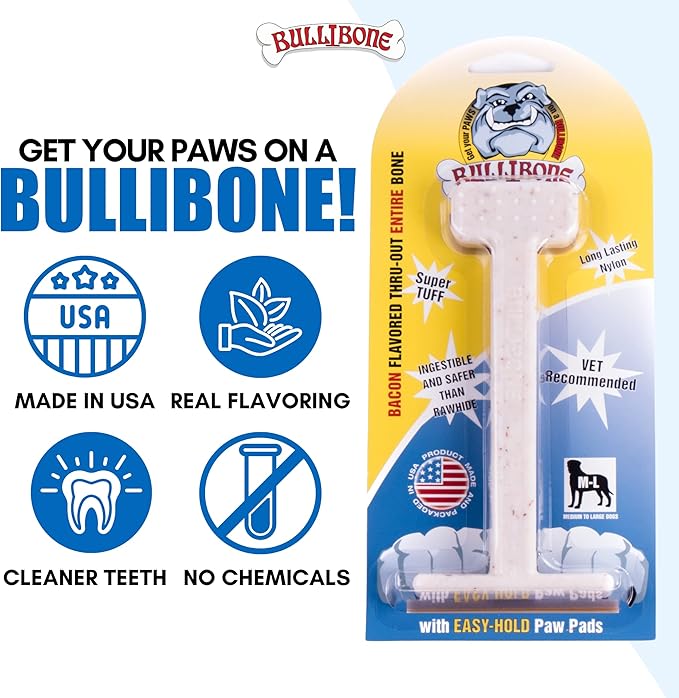 Bullibone Nylon Dog Chew Toy Nylon Bone - Improves Dental Hygiene, Easy to Grip Bottom, and Permeated with Flavor (Bacon, Large - 3 Pack)