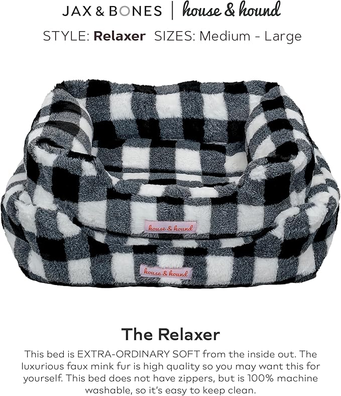 Jax & Bones Relaxer Plaid Dog Bed - Machine Washable Pet Bed for Large Size Dogs - Hides Shedding Hair, Easy to Clean, Sleep Enhancing