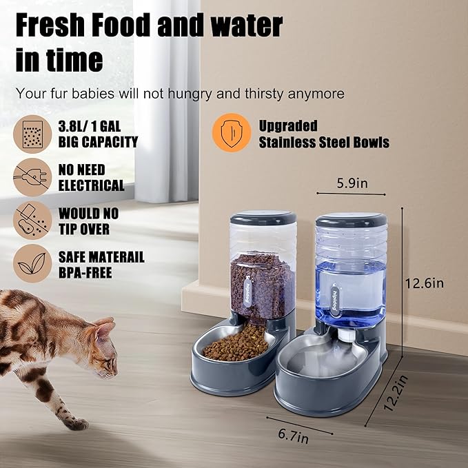 Stainless Steel Automatic Pet Feeder for Small&Medium Pets Automatic Food Feeder and Waterer Stainless Steel Bowls Set 3.8 L, Travel Supply Feeder and Water Dispenser for Dogs Cats Pets Animals