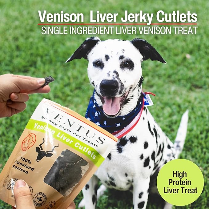 VENTUS Dog Training Treats - Single Ingredient Venison Jerky Liver Treats, All Natural, Air Dried, Low Fat, High Value Training Treats for Dogs, Organic, 8 oz