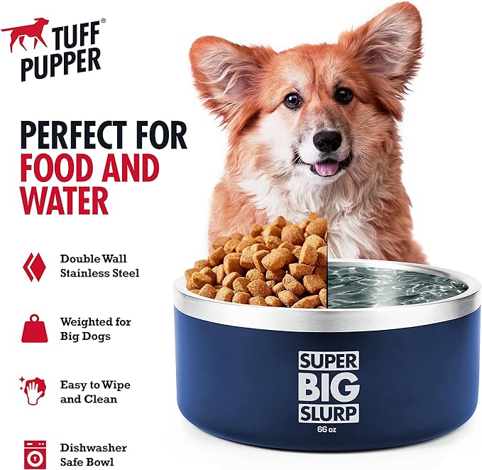 Tuff Pupper Heavy Duty Insulated Dog Bowl | Double Wall Stainless Steel Dog Food Dish | Non-Slip Spill Proof Dishwasher Safe Cat Bowl | Water Dish for Feeding Large Medium Small Pets (66oz, Blue)