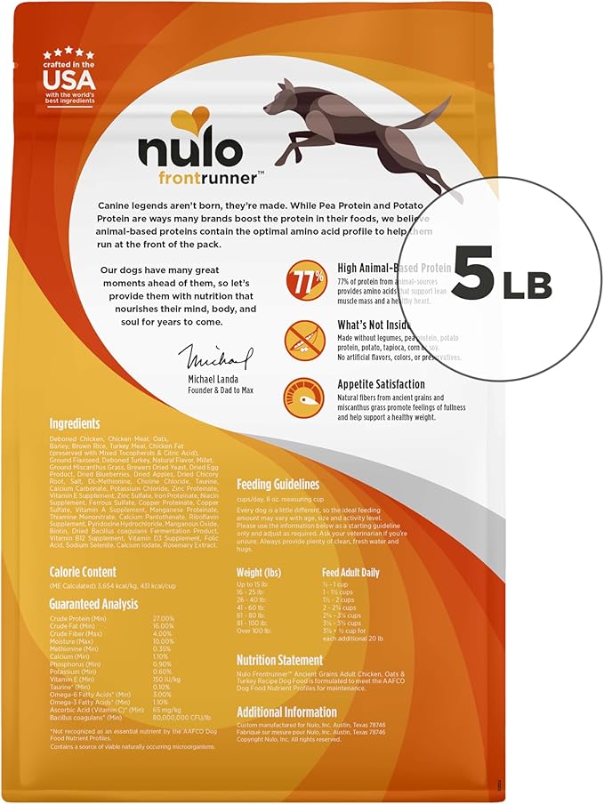 Nulo Frontrunner Ancient Grains High-Protein Dog Food, Chicken, Oats, & Turkey Recipe- Natural Dry Dog Food with Probiotics, Grain-Inclusive Kibble for Adult Dogs, 5 lb Bag