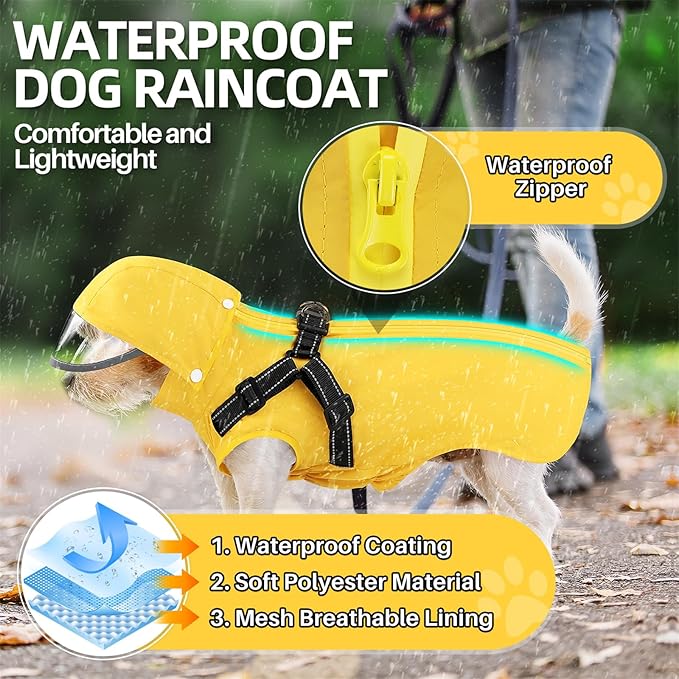 SlowTon Dog Raincoat Waterproof - Dog Rain Jacket with Harness and Hood Lightweight, Reflective Dogs Rain Coat for Large Medium Small Dogs Girl Boy Puppy Poncho Pet Clothes (Yellow, 2XL)