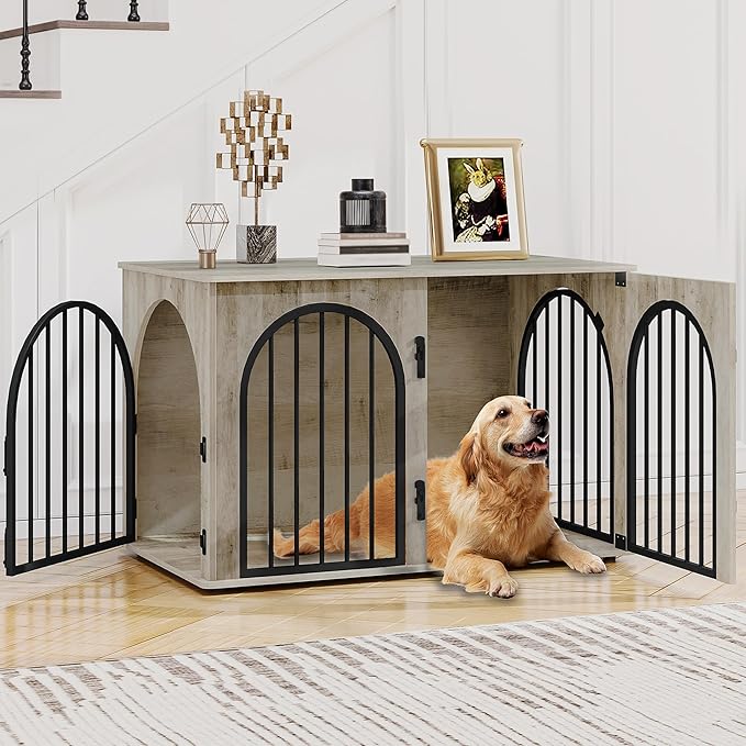 39.4" Wooden Dog Crate Furniture, Indoor Dog Kennel Dogs Cage for Small/Medium/Large Dogs, Heavy Duty Dog Crates Decorative Pet House End Side Table TV Stand, Greige Black DFC84105B