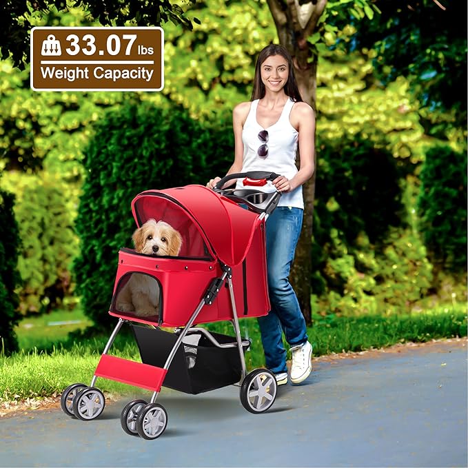 Pet Stroller, 4 Wheels Pet Strolling Cart for Medium/Small Dogs and Cats, Foldable Cat Jogger/Dog Stroller with Cup Holder, Storage Basket, Breathable Mesh, All-Season Pet Carrier, Red