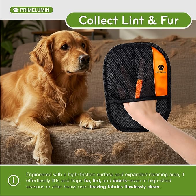 Electrostatic Pet Hair Remover Glove – Reusable & Washable Mitt for Dogs & Cats, Quickly Removes Fur from Furniture, Carpet, Car Seat & Clothing (Black/Orange)