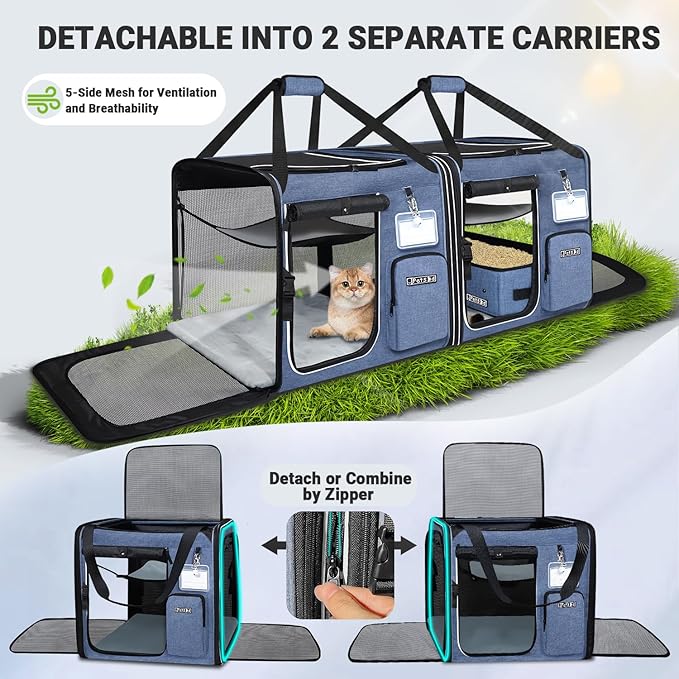 Petskd 2 in 1 Double Cat Car Travel Carrier with Litter Box, 38"x17"x18" Portable Dual Extra Large Cat Carrier for Multiple Cats with Zipper Locks for Moving Across The Country