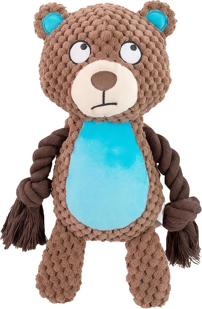 Plush Bear Dog Toy with Rope Arms, Squeaky Interactive Pet Toy, Brown and Blue, for Small & Medium Dogs