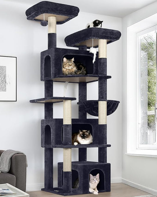 Globlazer Sturdy Cat Tree for Large Cats, 77 inch Large Cat Climbing Tower for Indoor Adult Cats, Cat Scratching Tower with 5 Scratching Posts, 3 Cat Condos, 2 Top Perches, S77, Dark Grey