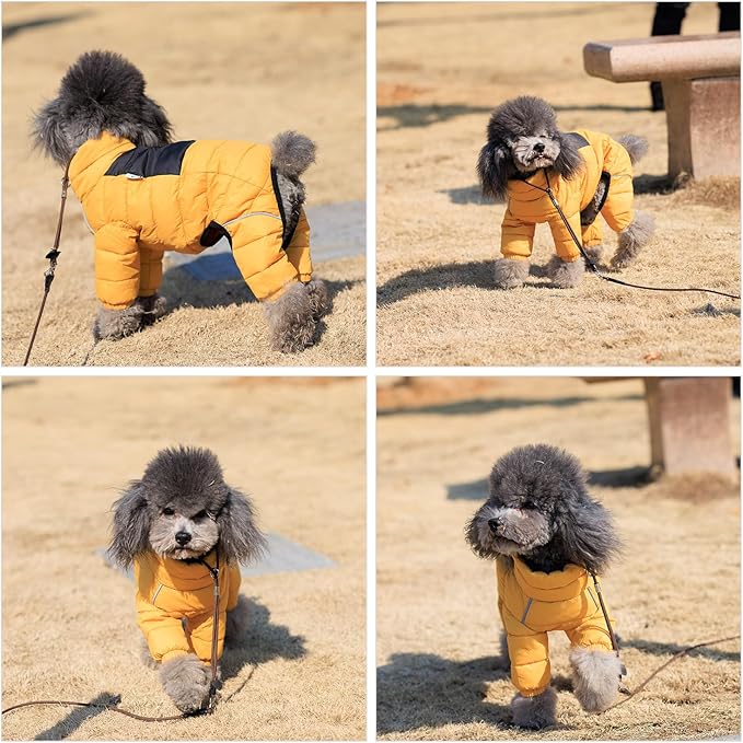 Lovelonglong Warm Jacket - 4 Legs Covered Waterproof Windproof Reflective Vest, Zippered Adjustable Outdoor Snow Jacket for Small Medium Large Dogs, Yellow L