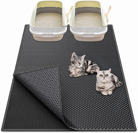 Cat Litter Box Mat: 36"x 30" Waterproof Kitty Cat Litter Trapping Mat, Easy-clean Double-layer Scatter Control Pad Rug (Black)
