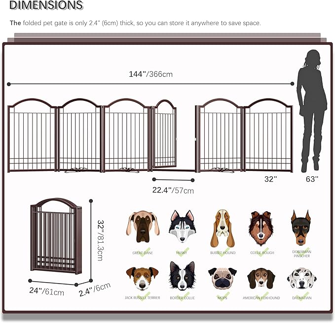 4NM Metal No Drilling Expandable Dog Gate, Extra Wide 144", Extra Tall 32" Free Standing Pet Gate with Door, Gates for Dogs Outdoor or Indoor, with 4PCS Support - Espresso