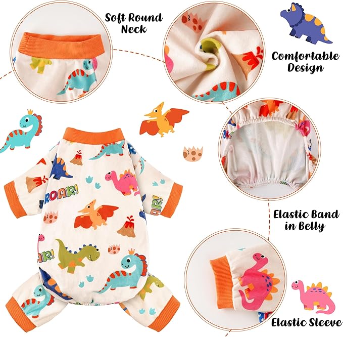 Dog Pajamas Soft Lightweight Dog Onesies Outfit Clothes for Small Medium Large Puppy Pjs for Pet Boys Girls Dogs Cats (S (Back: 10",Chest: 14", Neck: 9.5"), Dinosaur)