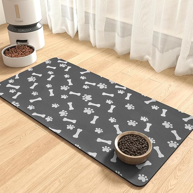 MontVoo Dog Food Mat-Pet Feeding Mat for Food and Water-No Stains Quick Dry Dispenser Cat Bowl Mat for Messy Drinkers(17"x34" Dark Grey)