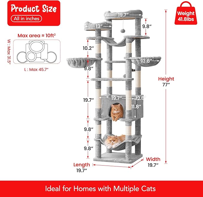77-Inch Tall Cat Tree for Indoor Cats, Multi-Level Large Cat Tower with 4 Hammocks, 2 Padded Perches, Cat Condo, Sisal Scratching Posts and Hanging Toys for Large Adult Cat, Light Grey