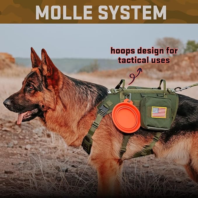 Forestpaw Tactical Dog Harness for Large Dogs,Tactical Dog Collar with Bungee Leash Set,No Pull Military Dog Harness for Walking Training,Adjustable for Medium Large Dogs,Green,Chest 19.5-41.5"