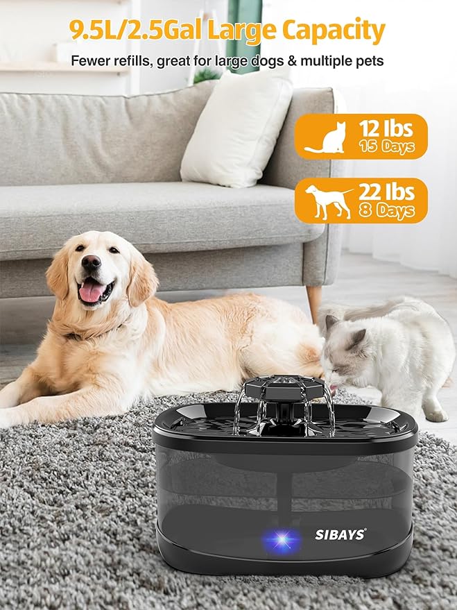 SIBAYS 2.5Gal/9.5L Dog Water Fountain, 3 Flow Modes Pet Water Fountain for Cats, Dog Water Bowl Dispenser with 7" Large Filter & Ultra Quiet Pump, BPA-Free, Ideal for Large Dogs, Multi-pet(FS68)