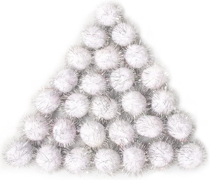 VAPKER 30 Piece 1.5" White Color Sparkle Balls Cat's Favorite Toy Tinsel Pom Poms Glitter