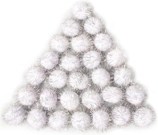 VAPKER 30 Piece 1.5" White Color Sparkle Balls Cat's Favorite Toy Tinsel Pom Poms Glitter
