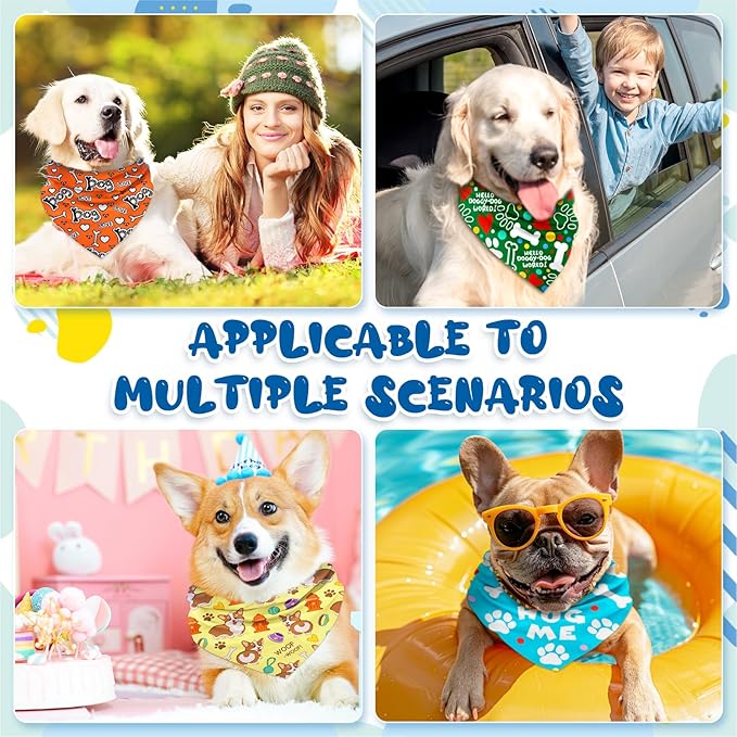 30Pcs Dog Bandanas Bulk Adjustable Washable Triangle Pet Bandanas Cartoon Bone Paw Print for Small Medium Large Dogs Grooming Daily Wear Birthday Party