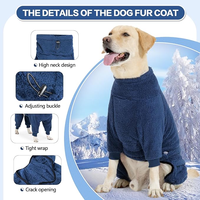 Winter Coat, Warm Fleece Dog Jacket & Windproof Pajamas - Full Body Jumpsuit for Medium & Large Dogs (Medium, NavyBlue)