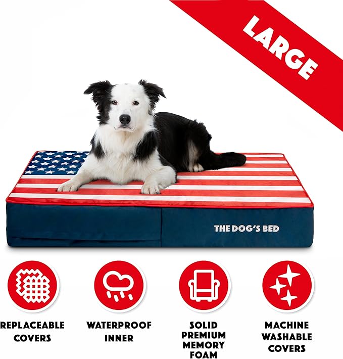 The Dog’s Bed Orthopedic Memory Foam Dog Bed, Large Blue & Red Trim USA Center Flag 40x25,Pain Relief for Arthritis, Hip & Elbow Dysplasia, Post Surgery, Supportive, Calming, Waterproof Washable