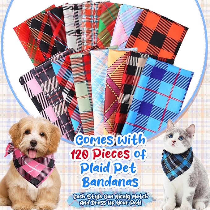 Amylove 120 Pcs Halloween Dog Bandanas Bulk Thanksgiving Day Holiday Triangle Dog Pack Puppy Kerchief Bandana Adjustable Pet Scarf for Pet Cat Costume Accessories Decor(Plaid)
