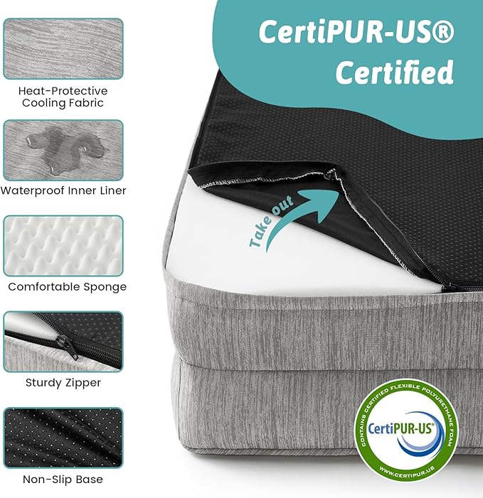 Cooling Dog Bed, Orthopedic Foam Dog Bed with Sides, Removable Washable Cover & Waterproof Lining and Nonskid Bottom, Comfortable Pet Beds for Large Dogs, Grey (42" L x 30" W x 7" Th)